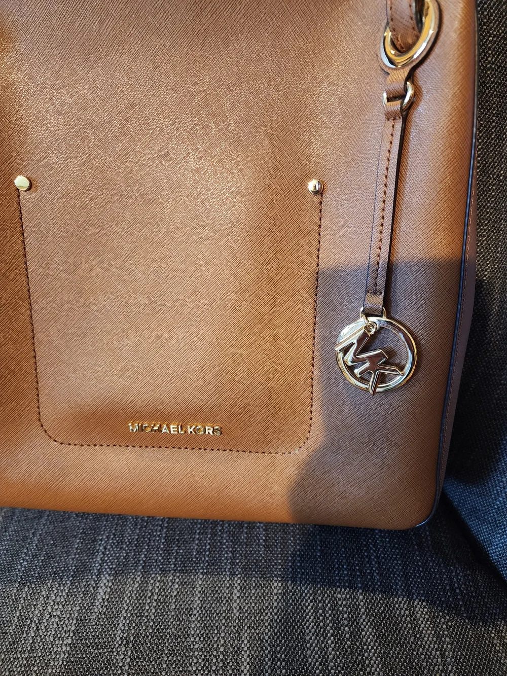 Michael Kors Camel Brown Leather Shoulder Bag with Gold Logo Charm